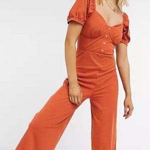 ASOS DESIGN jersey button front culotte jumpsuit in burnt orange, US Size 14